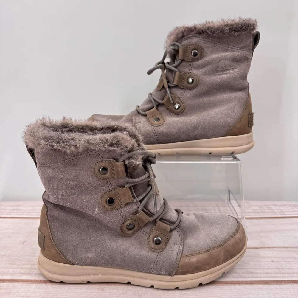 Sorel Explorer Joan Boots Gray Taupe Suede Faux Fur Lace Up Warm Winter Size 10